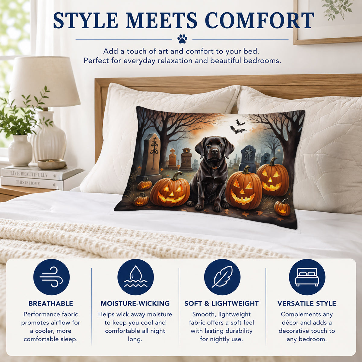 Caroline's Treasures DAC2033PILLOWCASE Chocolate Labrador Retriever Spooky Halloween Fabric Standard Pillowcase Lightweight Super Soft Easy Care Decorative Artwork Pillowcase, Standard