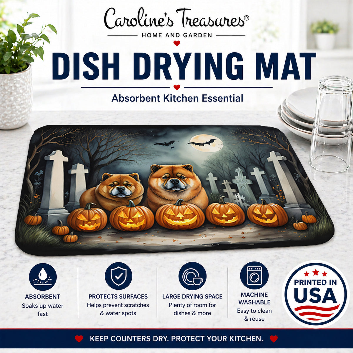Caroline's Treasures DAC2034DDM Chow Chow Spooky Halloween Dish Drying Mat Absorbent Dish Drying Mat Pad for Kitchen Counter Dish Drainer Mat for Countertop, 14 x 21, Multicolor