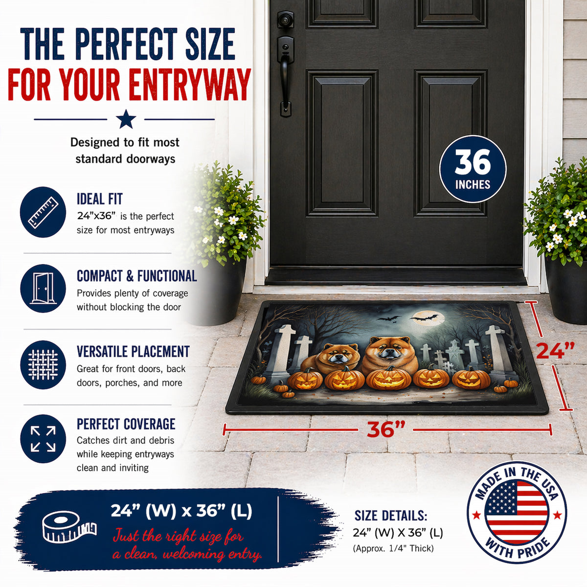 Caroline's Treasures DAC2034JMAT Chow Chow Spooky Halloween Indoor or Outdoor Mat 24x36 Front Door Mat Indoor Outdoor Rugs for Entryway, Non Slip Washable Low Pile, 24H X 36W