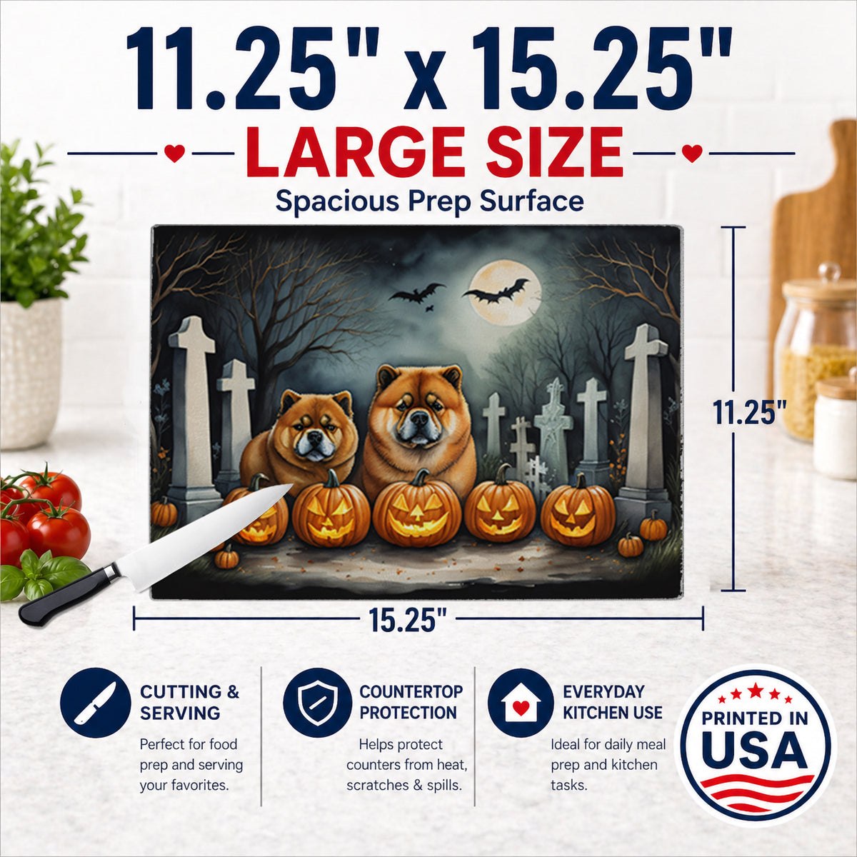 Caroline's Treasures DAC2034LCB Chow Chow Spooky Halloween Glass Cutting Board Large Decorative Tempered Glass Kitchen Cutting and Serving Board Large Size Chopping Board