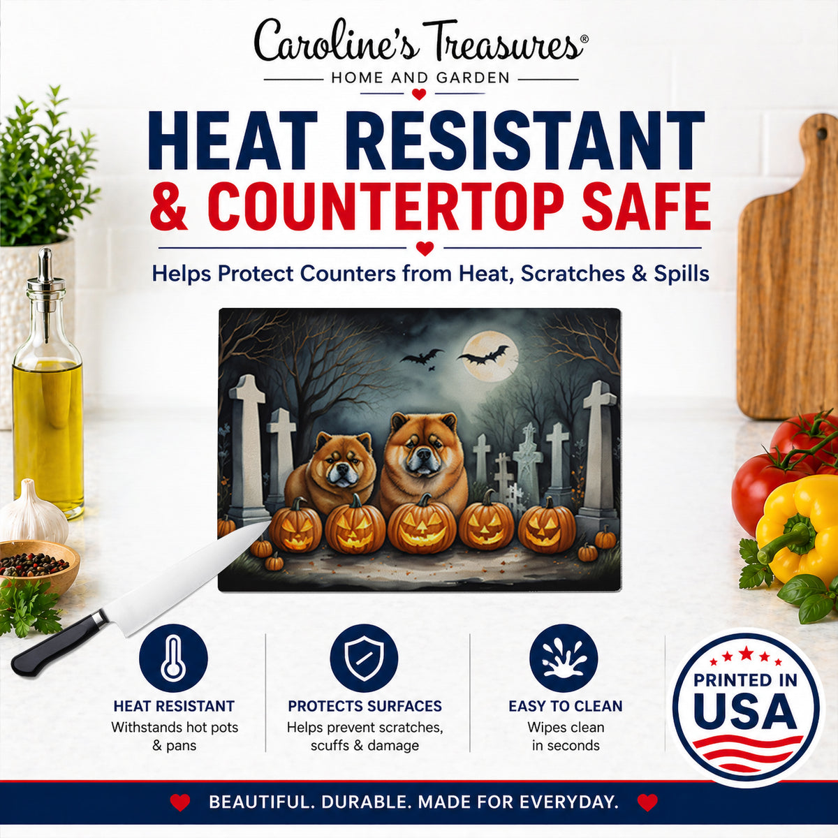 Caroline's Treasures DAC2034LCB Chow Chow Spooky Halloween Glass Cutting Board Large Decorative Tempered Glass Kitchen Cutting and Serving Board Large Size Chopping Board