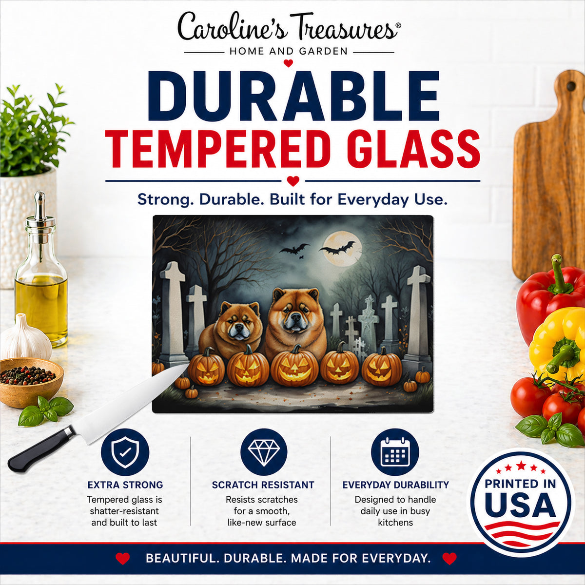 Caroline's Treasures DAC2034LCB Chow Chow Spooky Halloween Glass Cutting Board Large Decorative Tempered Glass Kitchen Cutting and Serving Board Large Size Chopping Board