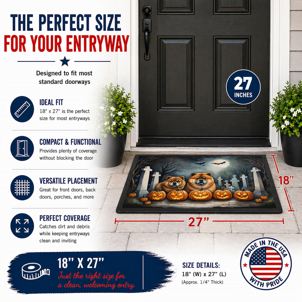 Caroline's Treasures DAC2034MAT Chow Chow Spooky Halloween Doormat 18x27 Front Door Mat Indoor Outdoor Rugs for Entryway, Non Slip Washable Low Pile, 18H X 27W