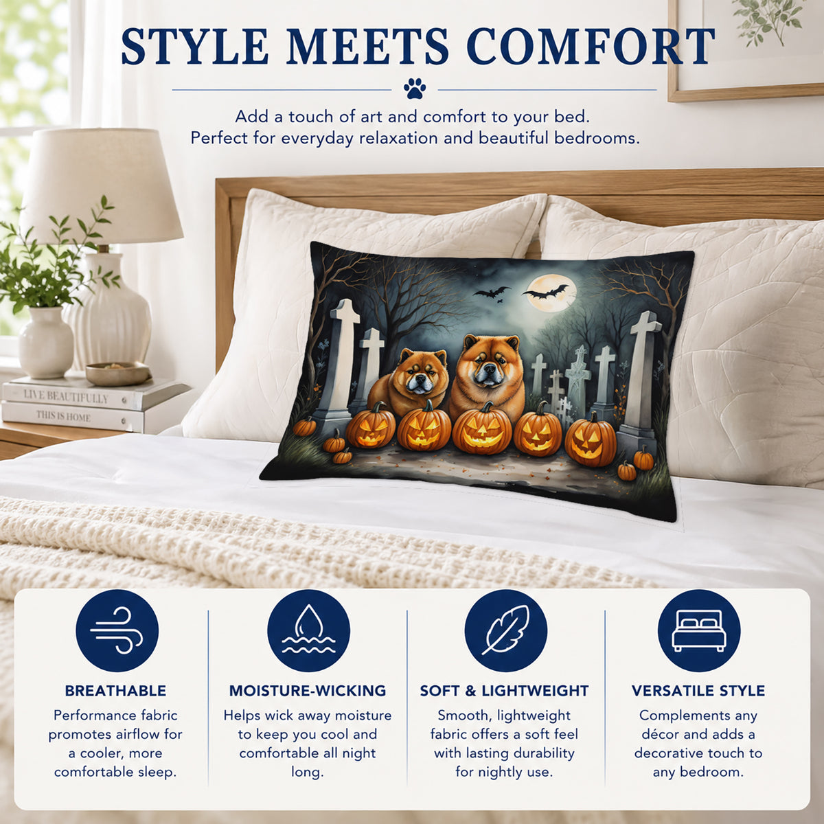 Caroline's Treasures DAC2034PILLOWCASE Chow Chow Spooky Halloween Fabric Standard Pillowcase Lightweight Super Soft Easy Care Decorative Artwork Pillowcase, Standard