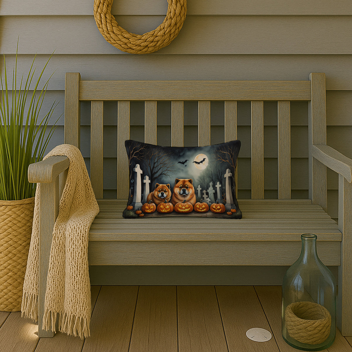 Caroline's Treasures DAC2034PW1216 Chow Chow Spooky Halloween Fabric Decorative Pillow Machine Washable, Indoor Outdoor Decorative Pillow for Couch, Bed or Patio, 12HX16W