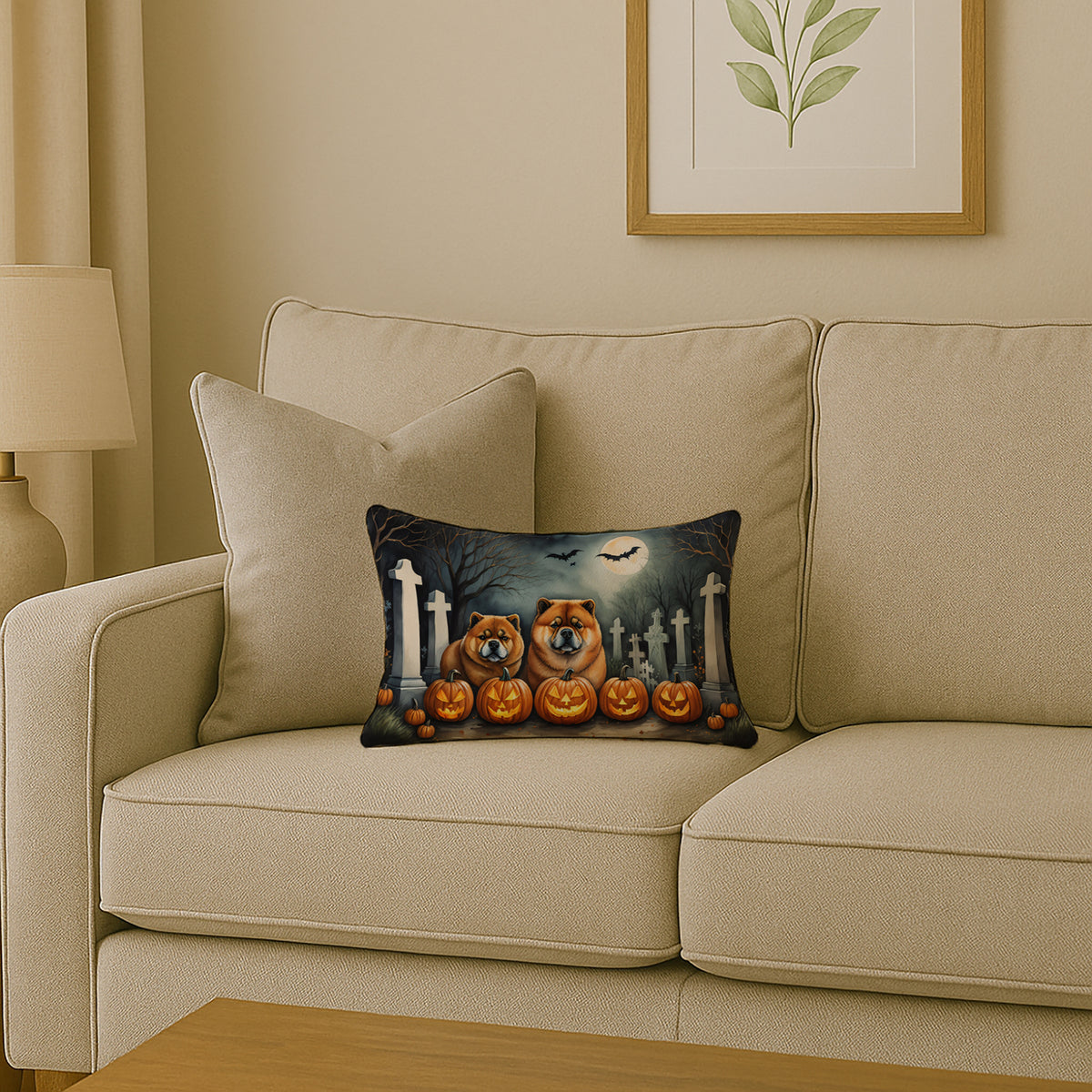 Caroline's Treasures DAC2034PW1216 Chow Chow Spooky Halloween Fabric Decorative Pillow Machine Washable, Indoor Outdoor Decorative Pillow for Couch, Bed or Patio, 12HX16W
