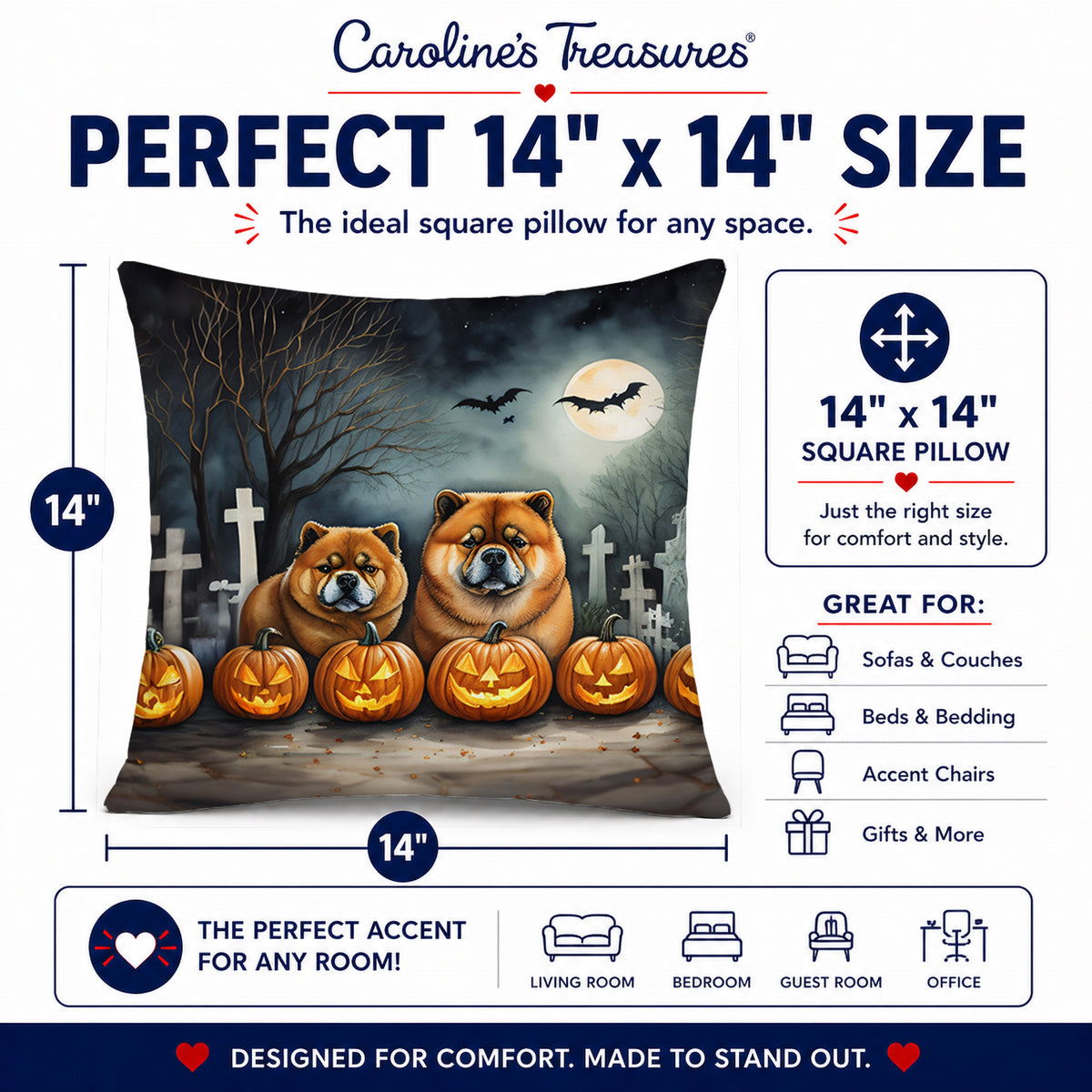 Caroline's Treasures DAC2034PW1414 Chow Chow Spooky Halloween Fabric Decorative Pillow Machine Washable, Indoor Outdoor Decorative Pillow for Couch, Bed or Patio, 14Hx14W