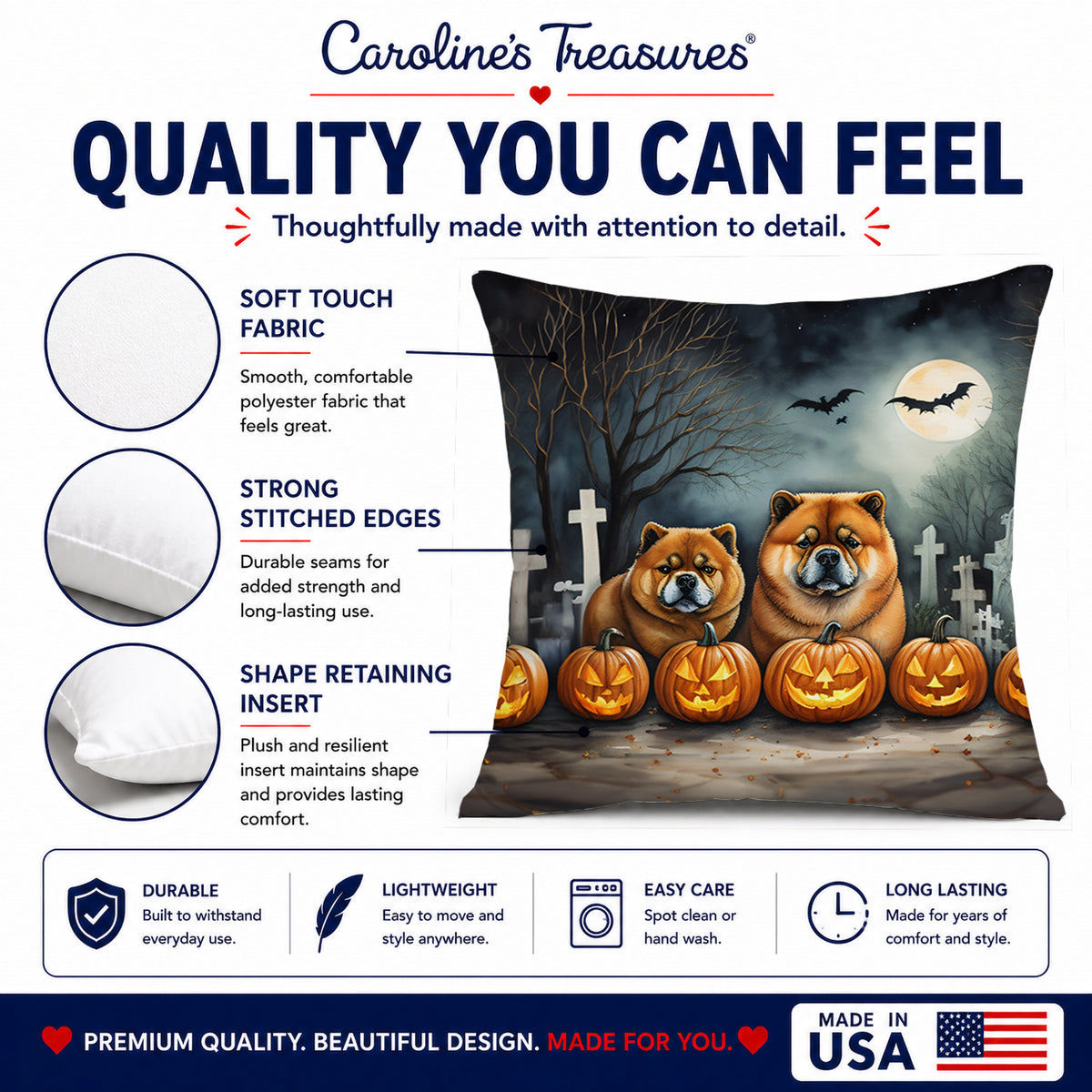 Caroline's Treasures DAC2034PW1414 Chow Chow Spooky Halloween Fabric Decorative Pillow Machine Washable, Indoor Outdoor Decorative Pillow for Couch, Bed or Patio, 14Hx14W