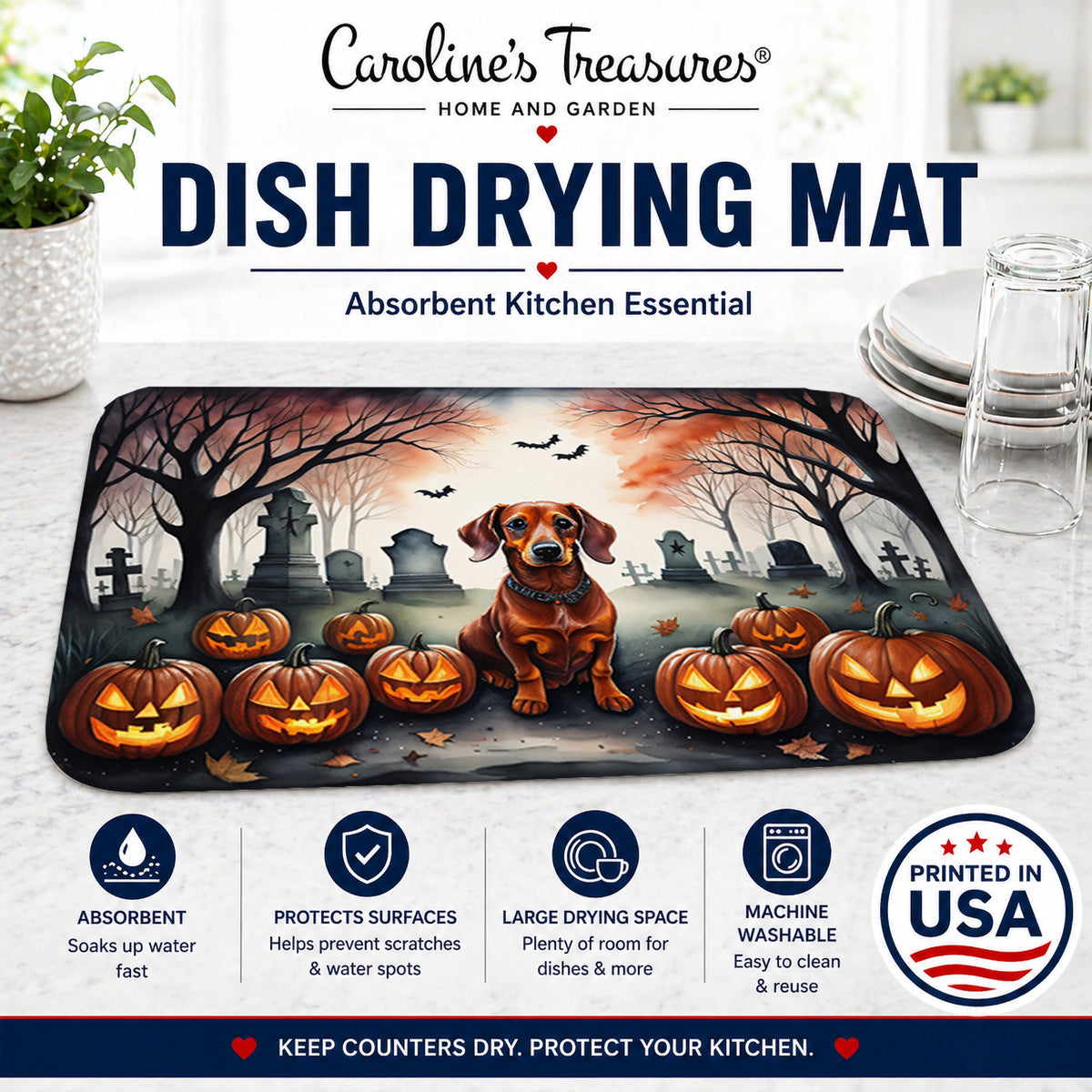 Caroline's Treasures DAC2035DDM Dachshund Spooky Halloween Dish Drying Mat Absorbent Dish Drying Mat Pad for Kitchen Counter Dish Drainer Mat for Countertop, 14 x 21, Multicolor