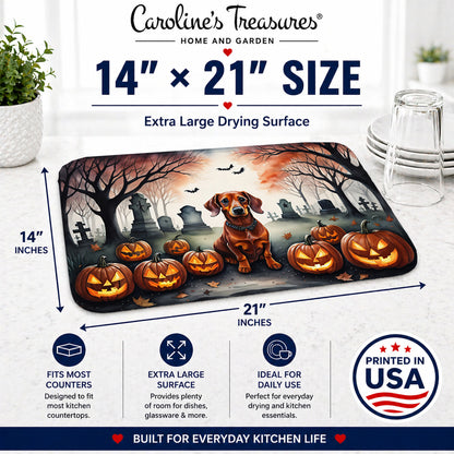 Caroline's Treasures DAC2035DDM Dachshund Spooky Halloween Dish Drying Mat Absorbent Dish Drying Mat Pad for Kitchen Counter Dish Drainer Mat for Countertop, 14 x 21, Multicolor