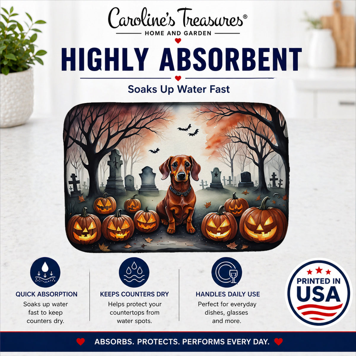Caroline's Treasures DAC2035DDM Dachshund Spooky Halloween Dish Drying Mat Absorbent Dish Drying Mat Pad for Kitchen Counter Dish Drainer Mat for Countertop, 14 x 21, Multicolor