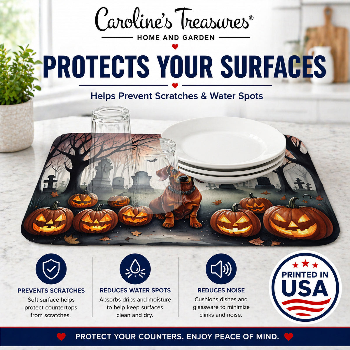 Caroline's Treasures DAC2035DDM Dachshund Spooky Halloween Dish Drying Mat Absorbent Dish Drying Mat Pad for Kitchen Counter Dish Drainer Mat for Countertop, 14 x 21, Multicolor