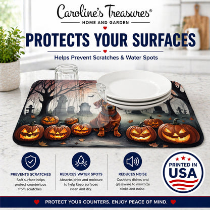 Caroline's Treasures DAC2035DDM Dachshund Spooky Halloween Dish Drying Mat Absorbent Dish Drying Mat Pad for Kitchen Counter Dish Drainer Mat for Countertop, 14 x 21, Multicolor
