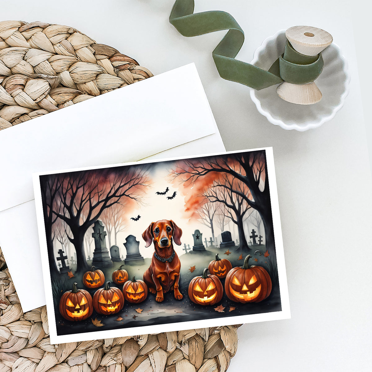 Caroline's Treasures DAC2035GCA7P Dachshund Spooky Halloween Greeting Cards and Envelopes Pack of 8 Blank Cards with Envelopes Whimsical A7 Size 5x7 Blank Greeting Cards