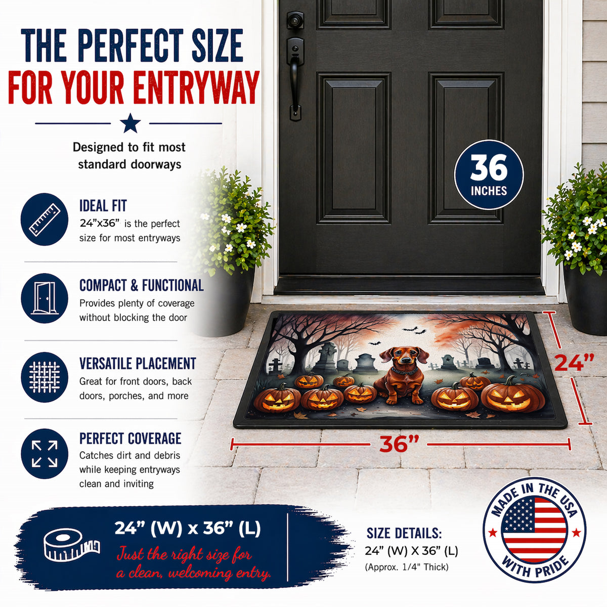 Caroline's Treasures DAC2035JMAT Dachshund Spooky Halloween Indoor or Outdoor Mat 24x36 Front Door Mat Indoor Outdoor Rugs for Entryway, Non Slip Washable Low Pile, 24H X 36W