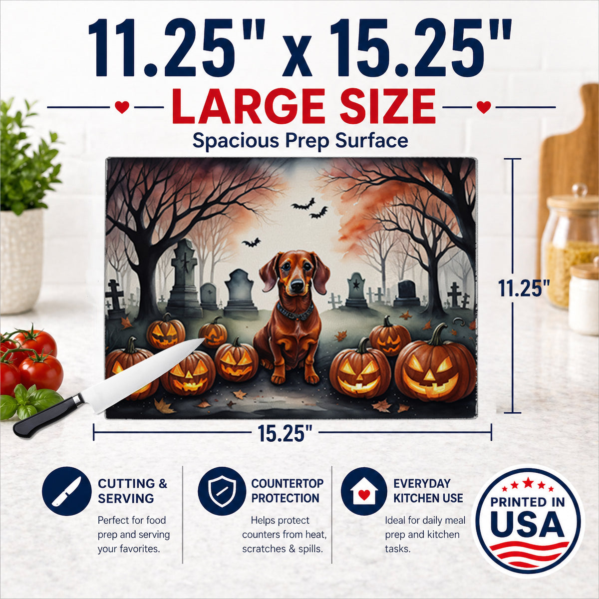 Caroline's Treasures DAC2035LCB Dachshund Spooky Halloween Glass Cutting Board Large Decorative Tempered Glass Kitchen Cutting and Serving Board Large Size Chopping Board
