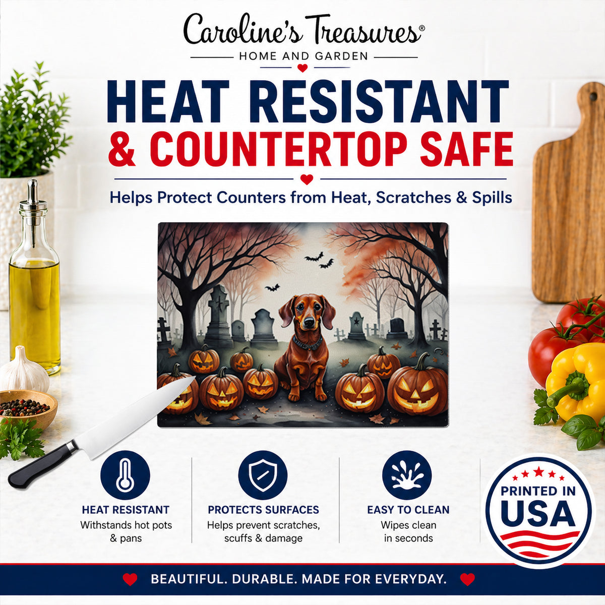 Caroline's Treasures DAC2035LCB Dachshund Spooky Halloween Glass Cutting Board Large Decorative Tempered Glass Kitchen Cutting and Serving Board Large Size Chopping Board