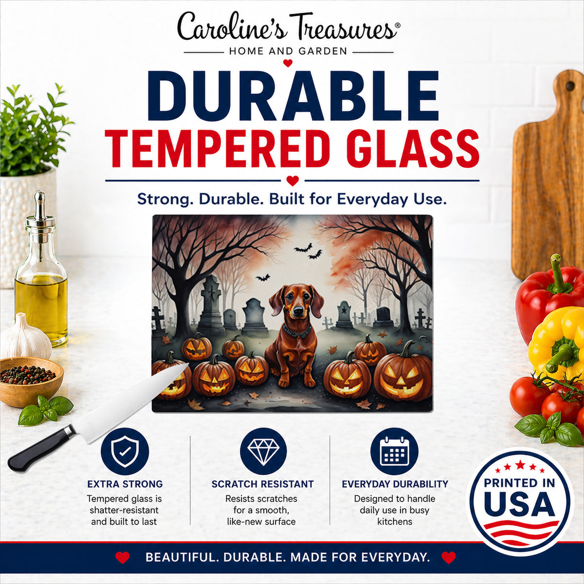 Caroline's Treasures DAC2035LCB Dachshund Spooky Halloween Glass Cutting Board Large Decorative Tempered Glass Kitchen Cutting and Serving Board Large Size Chopping Board