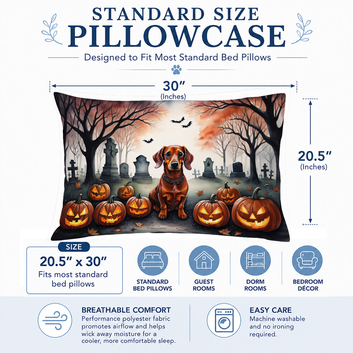 Caroline's Treasures DAC2035PILLOWCASE Dachshund Spooky Halloween Fabric Standard Pillowcase Lightweight Super Soft Easy Care Decorative Artwork Pillowcase, Standard