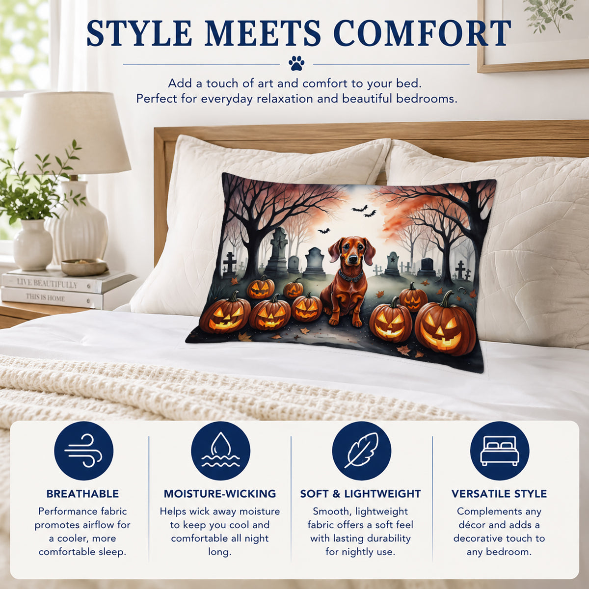 Caroline's Treasures DAC2035PILLOWCASE Dachshund Spooky Halloween Fabric Standard Pillowcase Lightweight Super Soft Easy Care Decorative Artwork Pillowcase, Standard