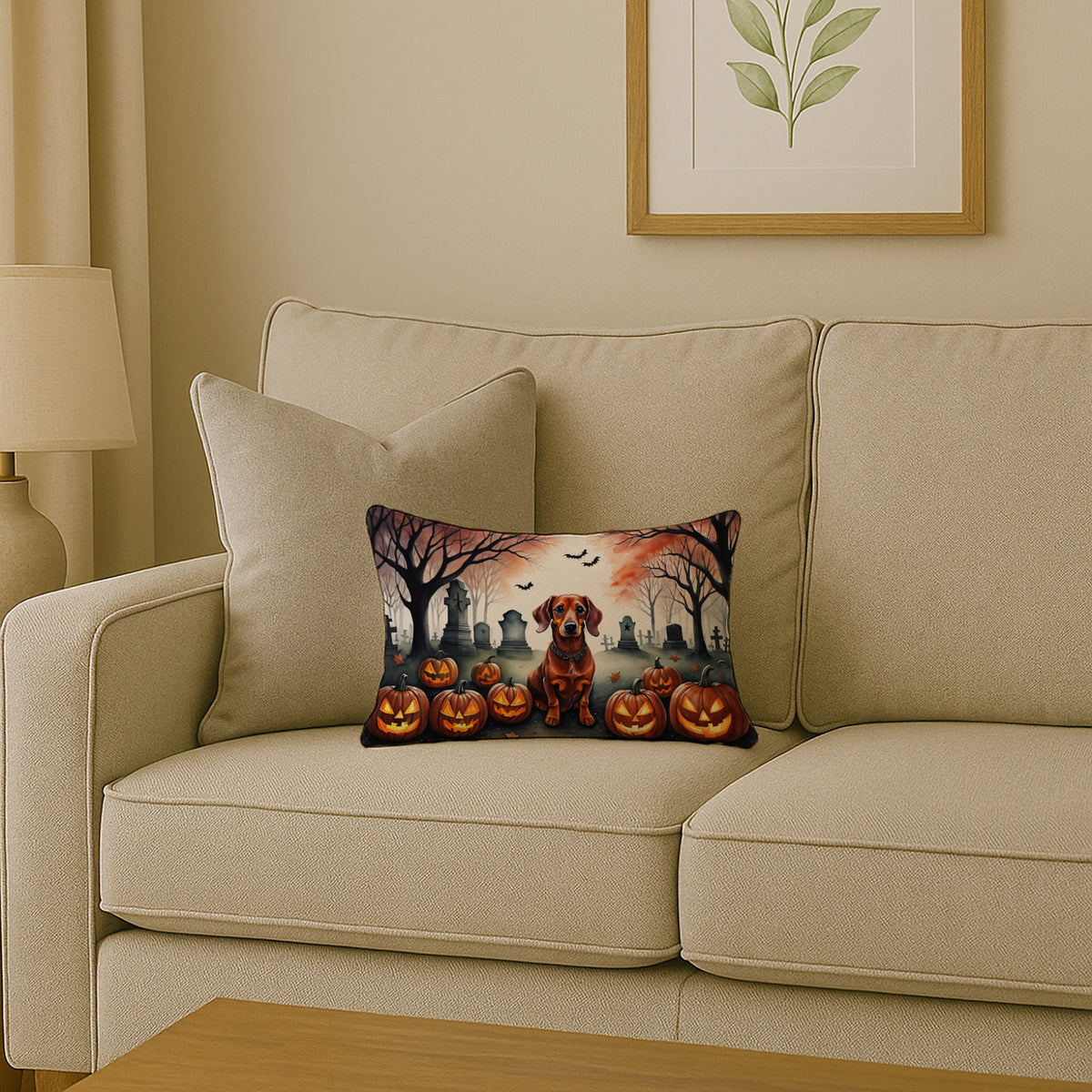 Caroline's Treasures DAC2035PW1216 Dachshund Spooky Halloween Fabric Decorative Pillow Machine Washable, Indoor Outdoor Decorative Pillow for Couch, Bed or Patio, 12HX16W