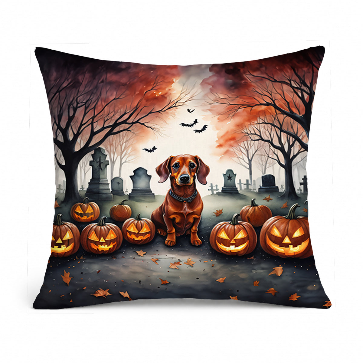 Caroline's Treasures DAC2035PW1414 Dachshund Spooky Halloween Fabric Decorative Pillow Machine Washable, Indoor Outdoor Decorative Pillow for Couch, Bed or Patio, 14Hx14W