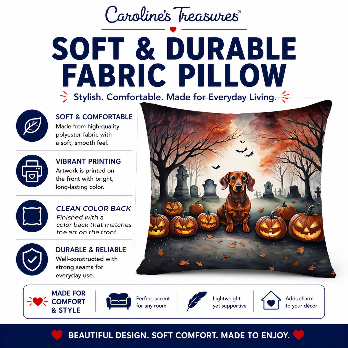 Caroline's Treasures DAC2035PW1414 Dachshund Spooky Halloween Fabric Decorative Pillow Machine Washable, Indoor Outdoor Decorative Pillow for Couch, Bed or Patio, 14Hx14W