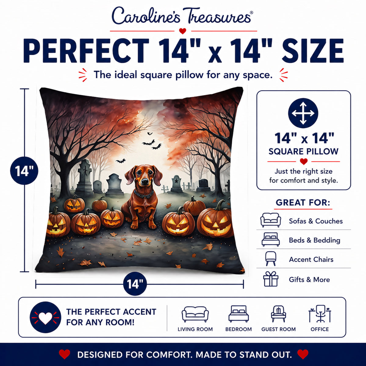 Caroline's Treasures DAC2035PW1414 Dachshund Spooky Halloween Fabric Decorative Pillow Machine Washable, Indoor Outdoor Decorative Pillow for Couch, Bed or Patio, 14Hx14W