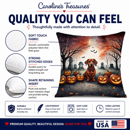 Caroline's Treasures DAC2035PW1414 Dachshund Spooky Halloween Fabric Decorative Pillow Machine Washable, Indoor Outdoor Decorative Pillow for Couch, Bed or Patio, 14Hx14W