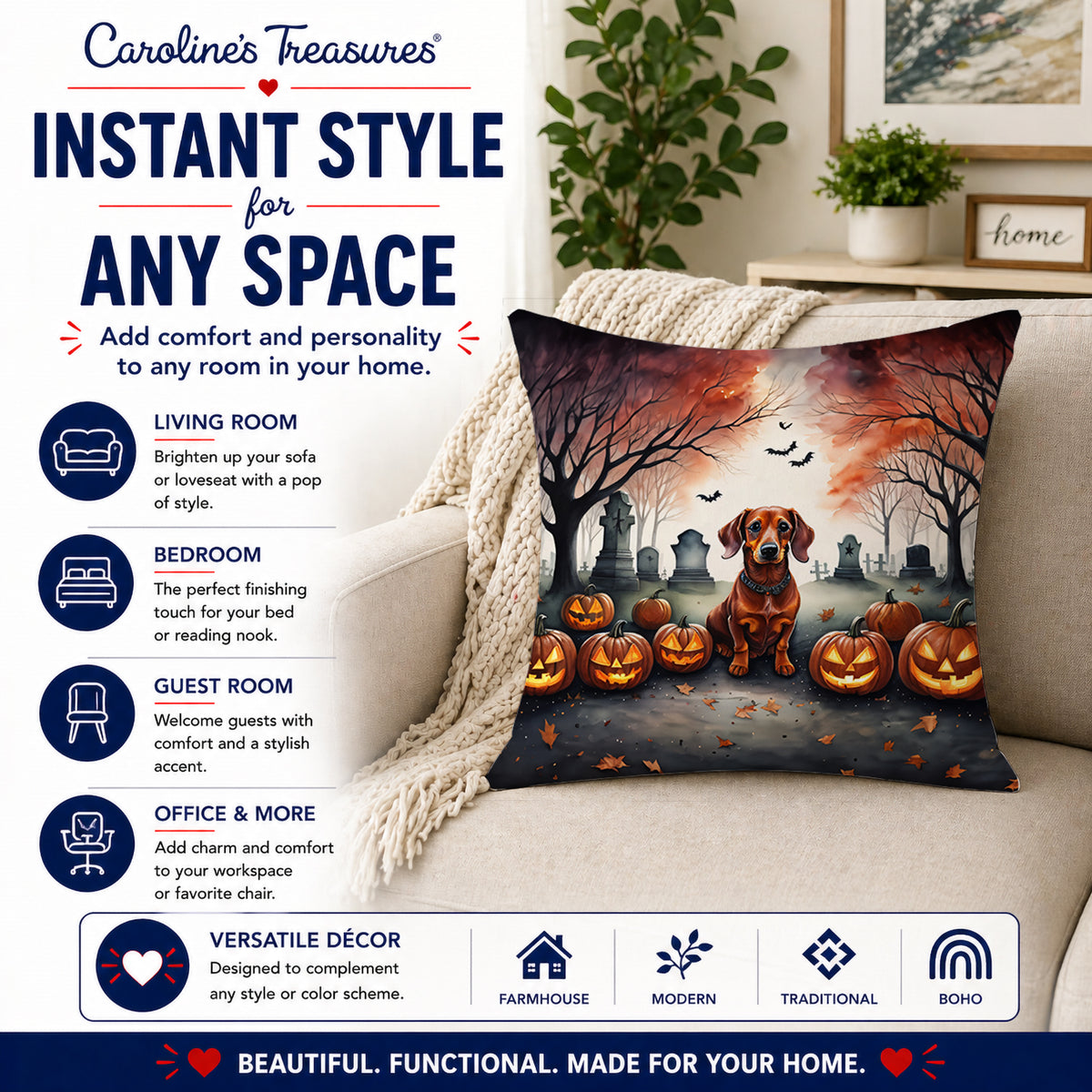 Caroline's Treasures DAC2035PW1414 Dachshund Spooky Halloween Fabric Decorative Pillow Machine Washable, Indoor Outdoor Decorative Pillow for Couch, Bed or Patio, 14Hx14W