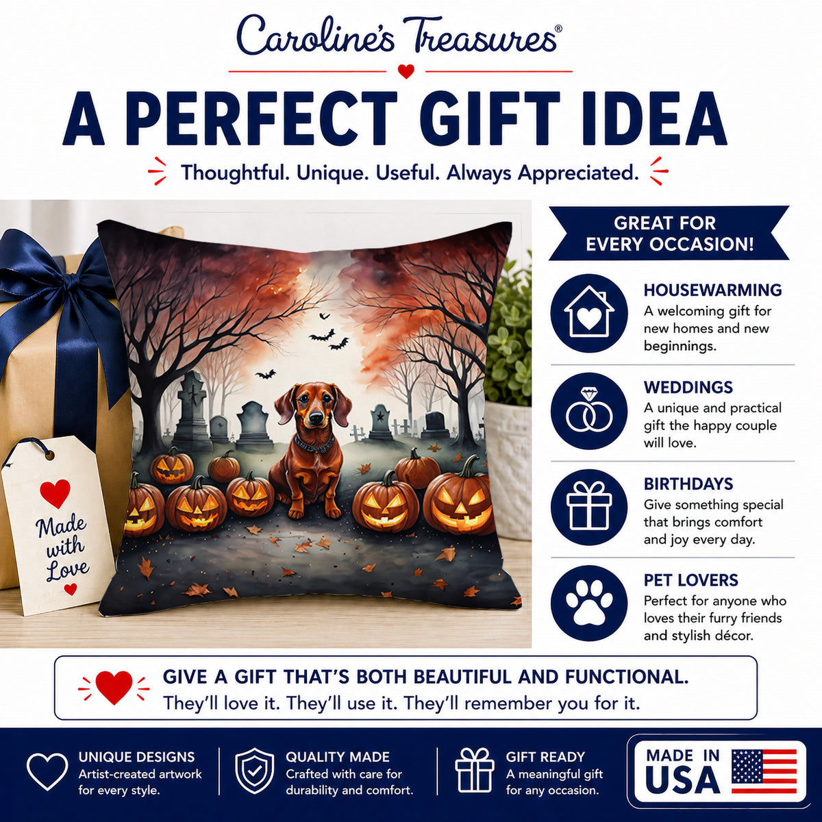 Caroline's Treasures DAC2035PW1414 Dachshund Spooky Halloween Fabric Decorative Pillow Machine Washable, Indoor Outdoor Decorative Pillow for Couch, Bed or Patio, 14Hx14W