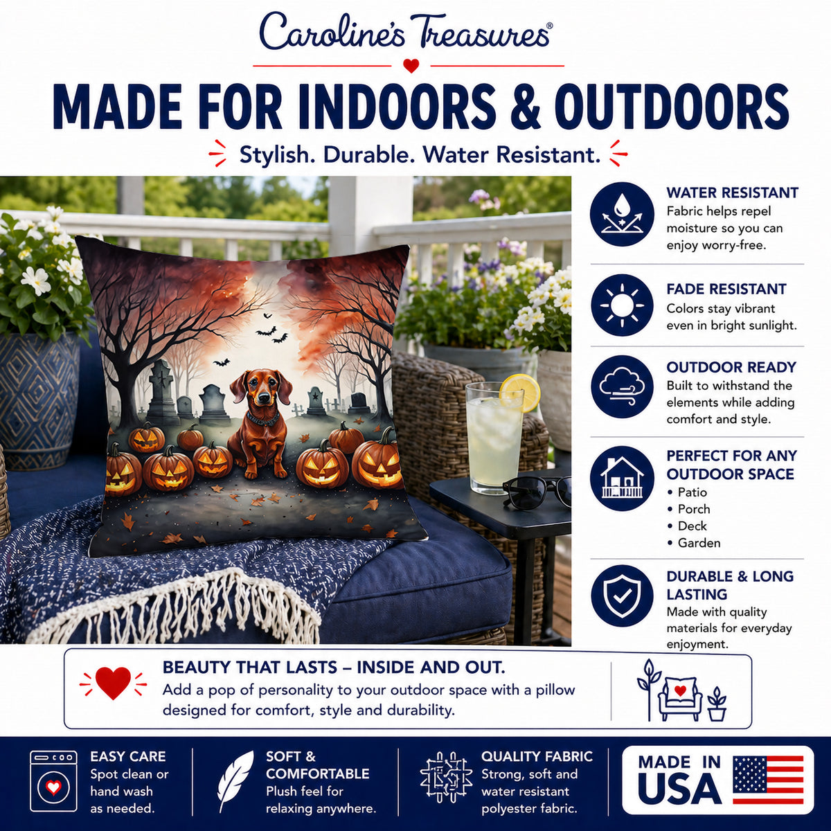 Caroline's Treasures DAC2035PW1414 Dachshund Spooky Halloween Fabric Decorative Pillow Machine Washable, Indoor Outdoor Decorative Pillow for Couch, Bed or Patio, 14Hx14W
