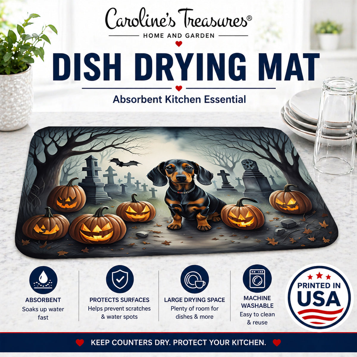 Caroline's Treasures DAC2036DDM Dachshund Spooky Halloween Dish Drying Mat Absorbent Dish Drying Mat Pad for Kitchen Counter Dish Drainer Mat for Countertop, 14 x 21, Multicolor