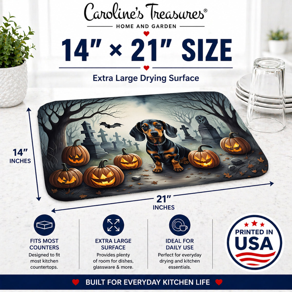 Caroline's Treasures DAC2036DDM Dachshund Spooky Halloween Dish Drying Mat Absorbent Dish Drying Mat Pad for Kitchen Counter Dish Drainer Mat for Countertop, 14 x 21, Multicolor