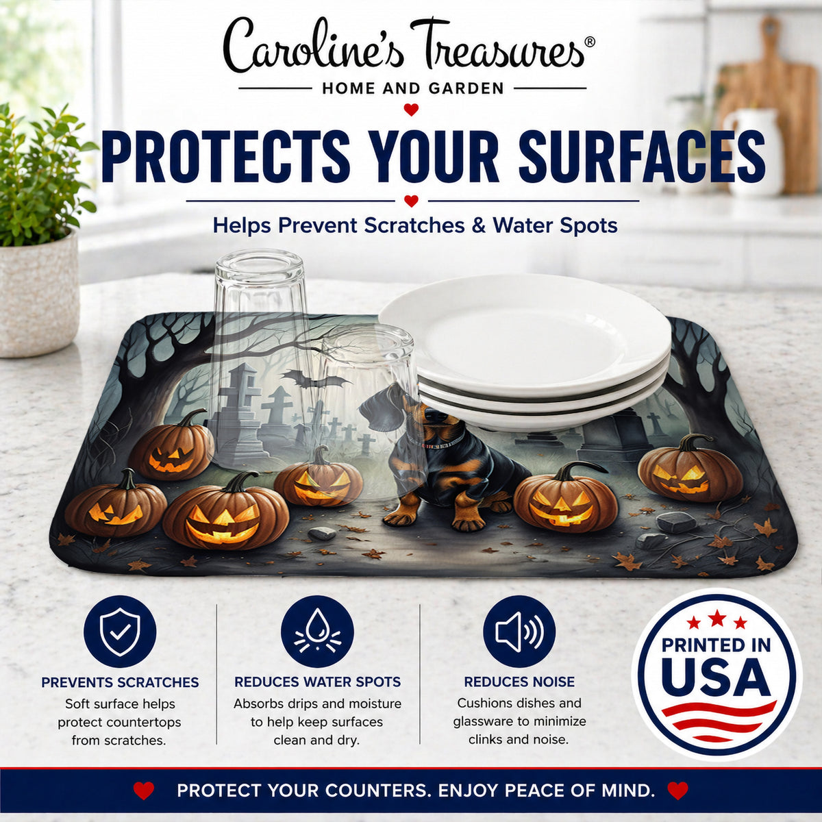 Caroline's Treasures DAC2036DDM Dachshund Spooky Halloween Dish Drying Mat Absorbent Dish Drying Mat Pad for Kitchen Counter Dish Drainer Mat for Countertop, 14 x 21, Multicolor