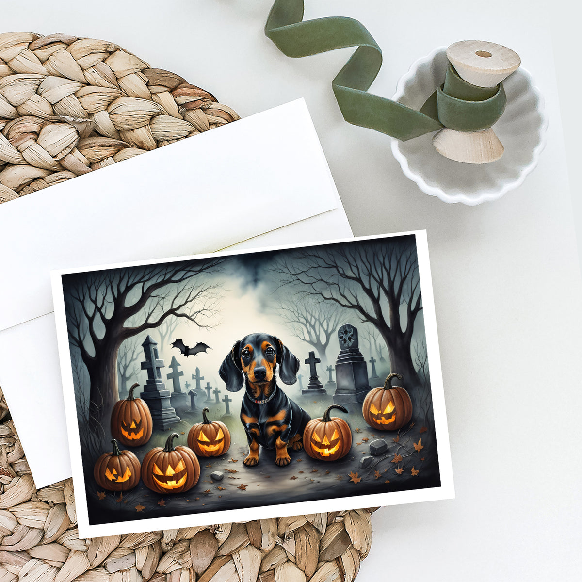 Caroline's Treasures DAC2036GCA7P Dachshund Spooky Halloween Greeting Cards and Envelopes Pack of 8 Blank Cards with Envelopes Whimsical A7 Size 5x7 Blank Greeting Cards