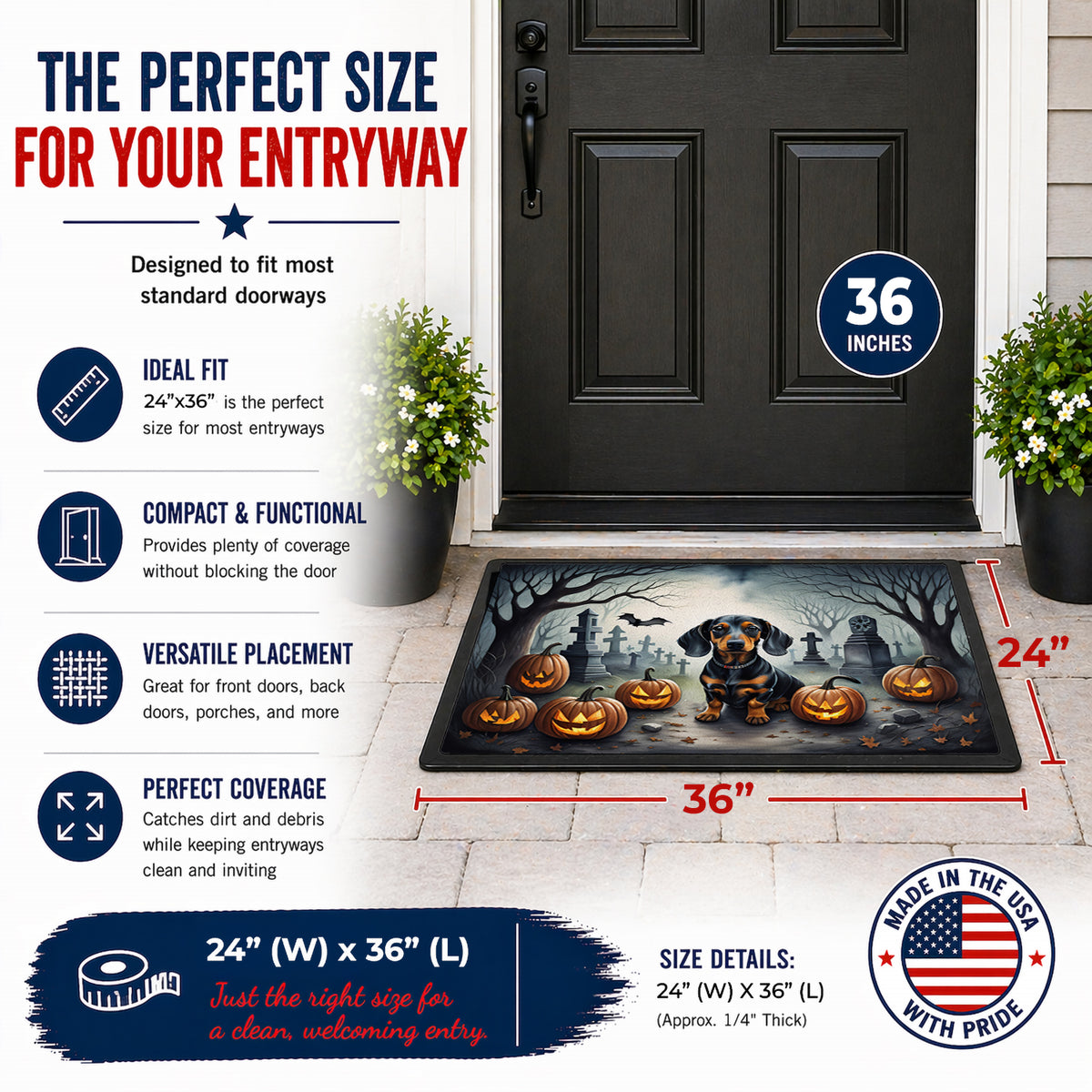 Caroline's Treasures DAC2036JMAT Dachshund Spooky Halloween Indoor or Outdoor Mat 24x36 Front Door Mat Indoor Outdoor Rugs for Entryway, Non Slip Washable Low Pile, 24H X 36W
