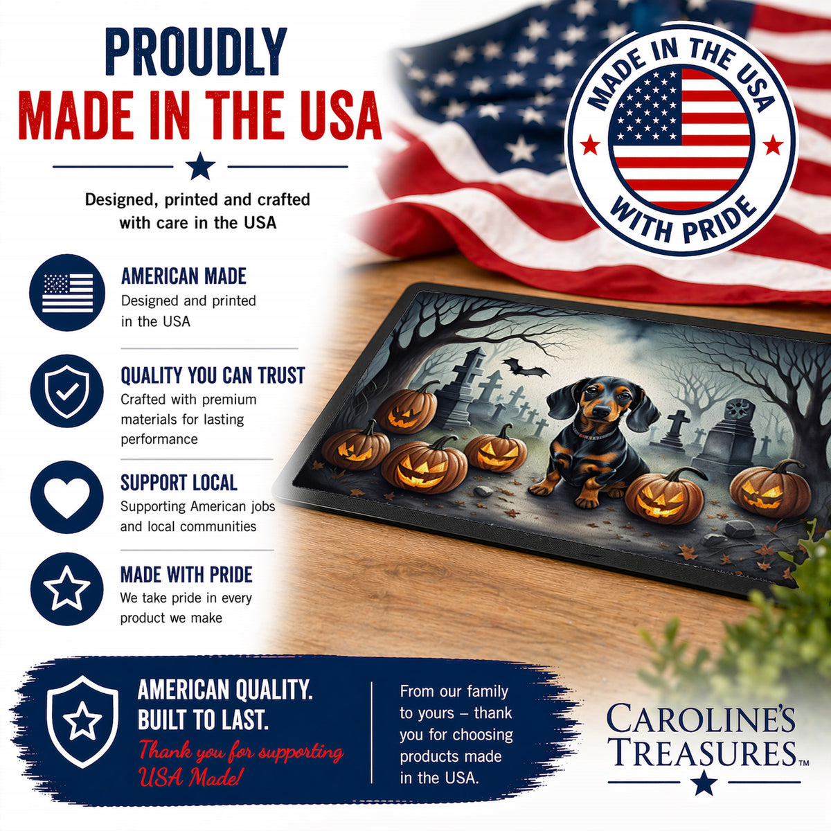 Caroline's Treasures DAC2036JMAT Dachshund Spooky Halloween Indoor or Outdoor Mat 24x36 Front Door Mat Indoor Outdoor Rugs for Entryway, Non Slip Washable Low Pile, 24H X 36W