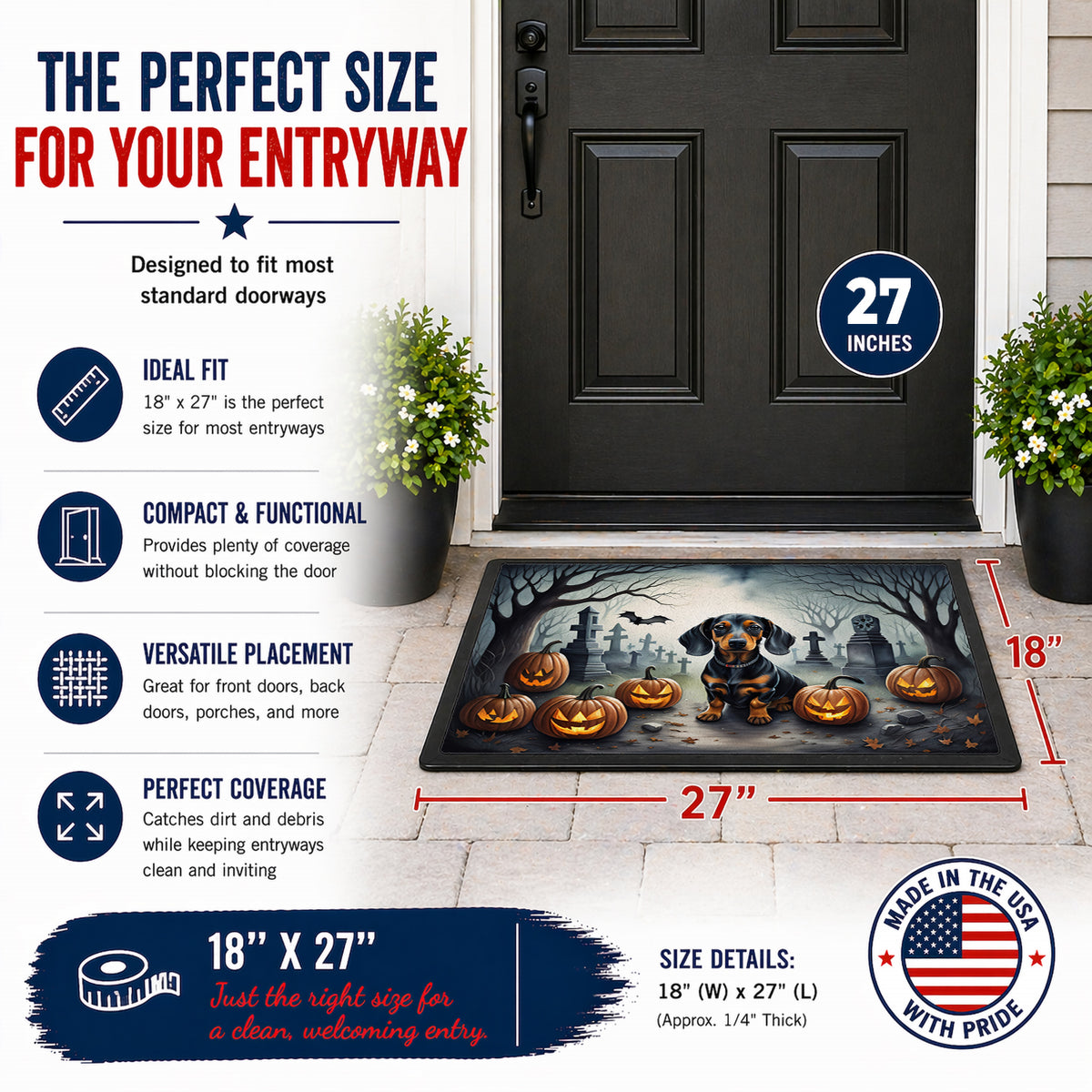 Caroline's Treasures DAC2036MAT Dachshund Spooky Halloween Doormat 18x27 Front Door Mat Indoor Outdoor Rugs for Entryway, Non Slip Washable Low Pile, 18H X 27W