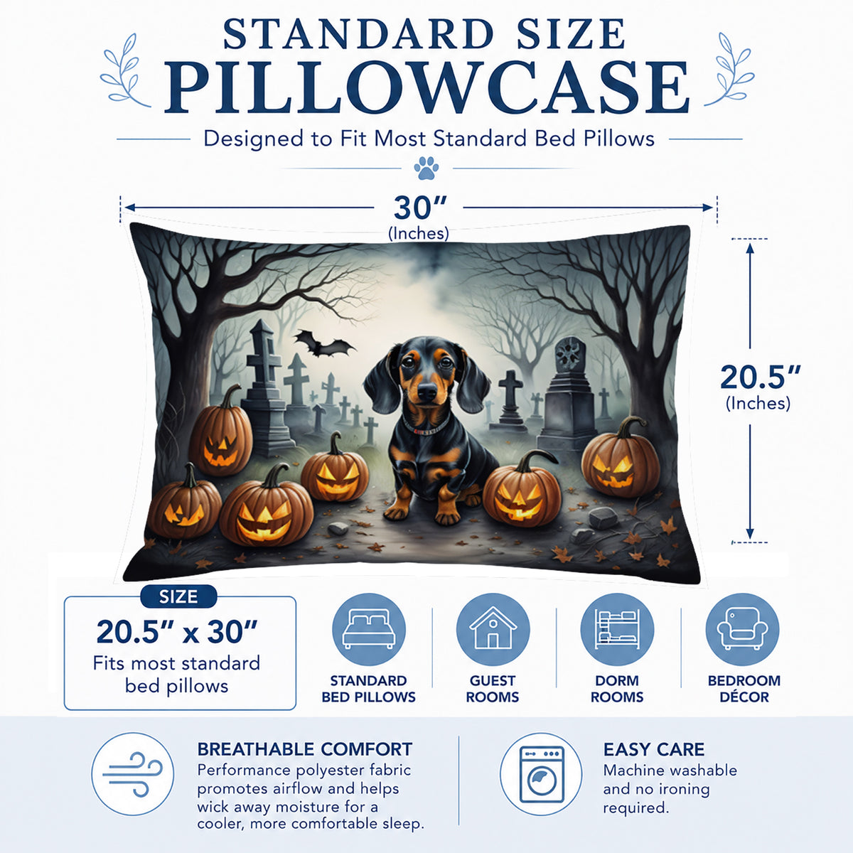Caroline's Treasures DAC2036PILLOWCASE Dachshund Spooky Halloween Fabric Standard Pillowcase Lightweight Super Soft Easy Care Decorative Artwork Pillowcase, Standard