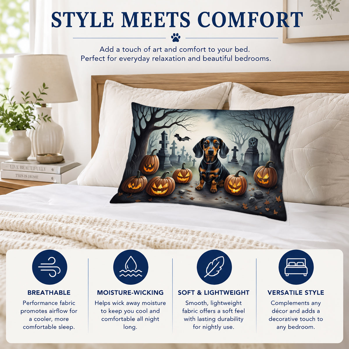Caroline's Treasures DAC2036PILLOWCASE Dachshund Spooky Halloween Fabric Standard Pillowcase Lightweight Super Soft Easy Care Decorative Artwork Pillowcase, Standard
