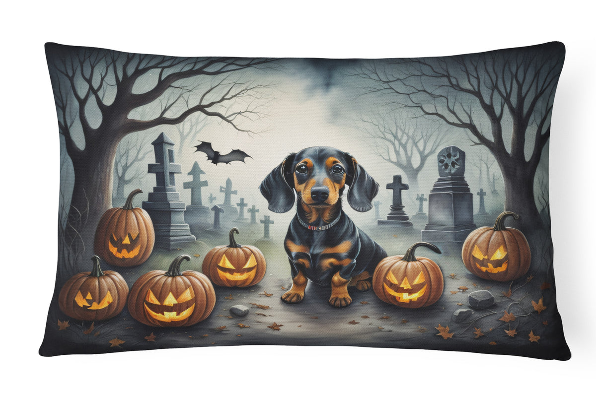 Caroline's Treasures DAC2036PW1216 Dachshund Spooky Halloween Fabric Decorative Pillow Machine Washable, Indoor Outdoor Decorative Pillow for Couch, Bed or Patio, 12HX16W