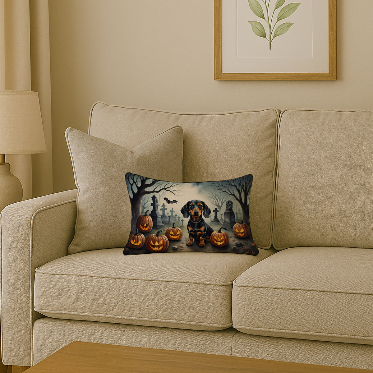 Caroline's Treasures DAC2036PW1216 Dachshund Spooky Halloween Fabric Decorative Pillow Machine Washable, Indoor Outdoor Decorative Pillow for Couch, Bed or Patio, 12HX16W