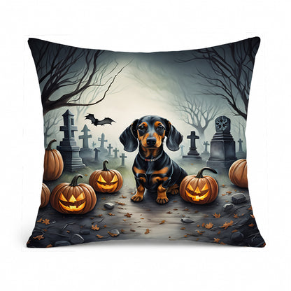 Caroline's Treasures DAC2036PW1414 Dachshund Spooky Halloween Fabric Decorative Pillow Machine Washable, Indoor Outdoor Decorative Pillow for Couch, Bed or Patio, 14Hx14W
