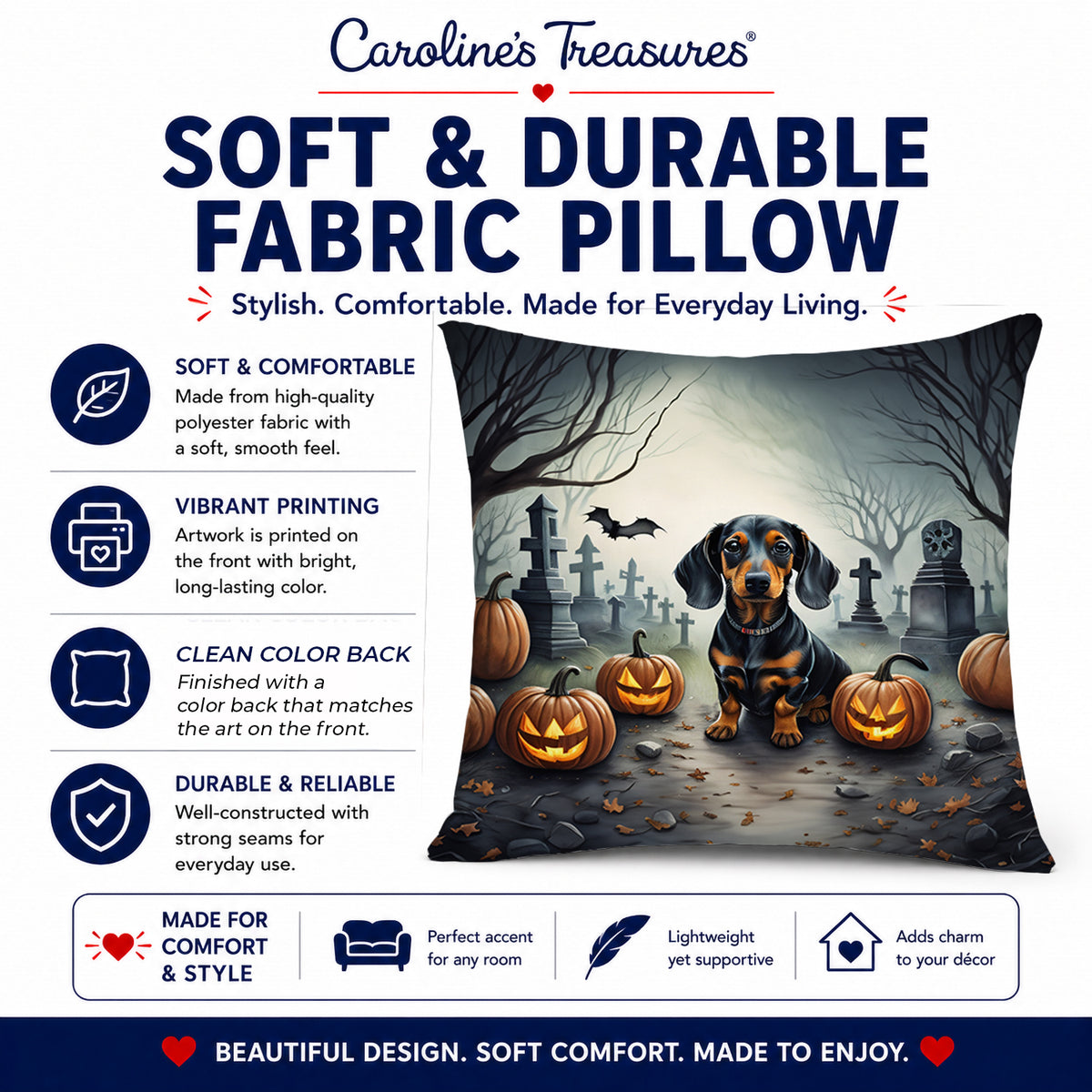 Caroline's Treasures DAC2036PW1414 Dachshund Spooky Halloween Fabric Decorative Pillow Machine Washable, Indoor Outdoor Decorative Pillow for Couch, Bed or Patio, 14Hx14W