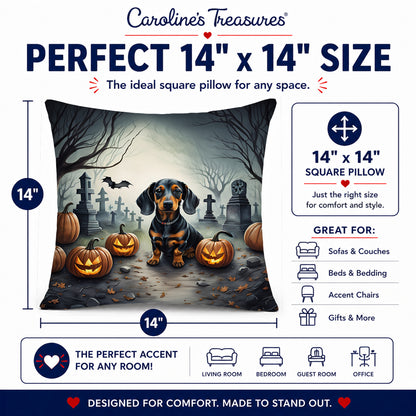Caroline's Treasures DAC2036PW1414 Dachshund Spooky Halloween Fabric Decorative Pillow Machine Washable, Indoor Outdoor Decorative Pillow for Couch, Bed or Patio, 14Hx14W