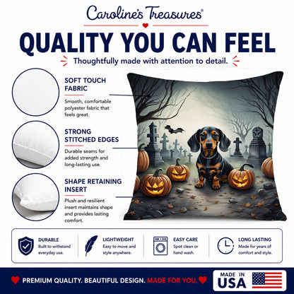 Caroline's Treasures DAC2036PW1414 Dachshund Spooky Halloween Fabric Decorative Pillow Machine Washable, Indoor Outdoor Decorative Pillow for Couch, Bed or Patio, 14Hx14W