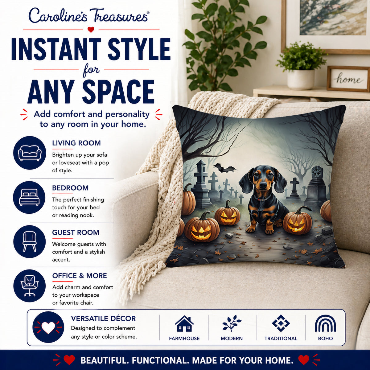 Caroline's Treasures DAC2036PW1414 Dachshund Spooky Halloween Fabric Decorative Pillow Machine Washable, Indoor Outdoor Decorative Pillow for Couch, Bed or Patio, 14Hx14W
