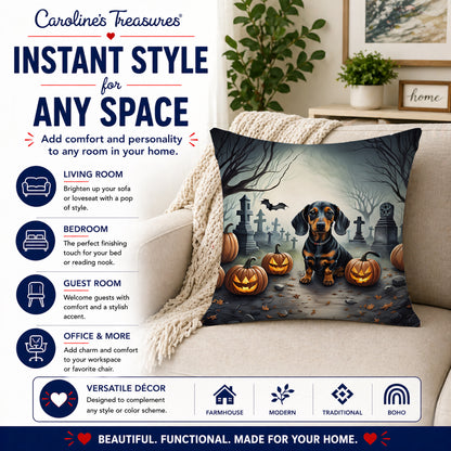 Caroline's Treasures DAC2036PW1414 Dachshund Spooky Halloween Fabric Decorative Pillow Machine Washable, Indoor Outdoor Decorative Pillow for Couch, Bed or Patio, 14Hx14W