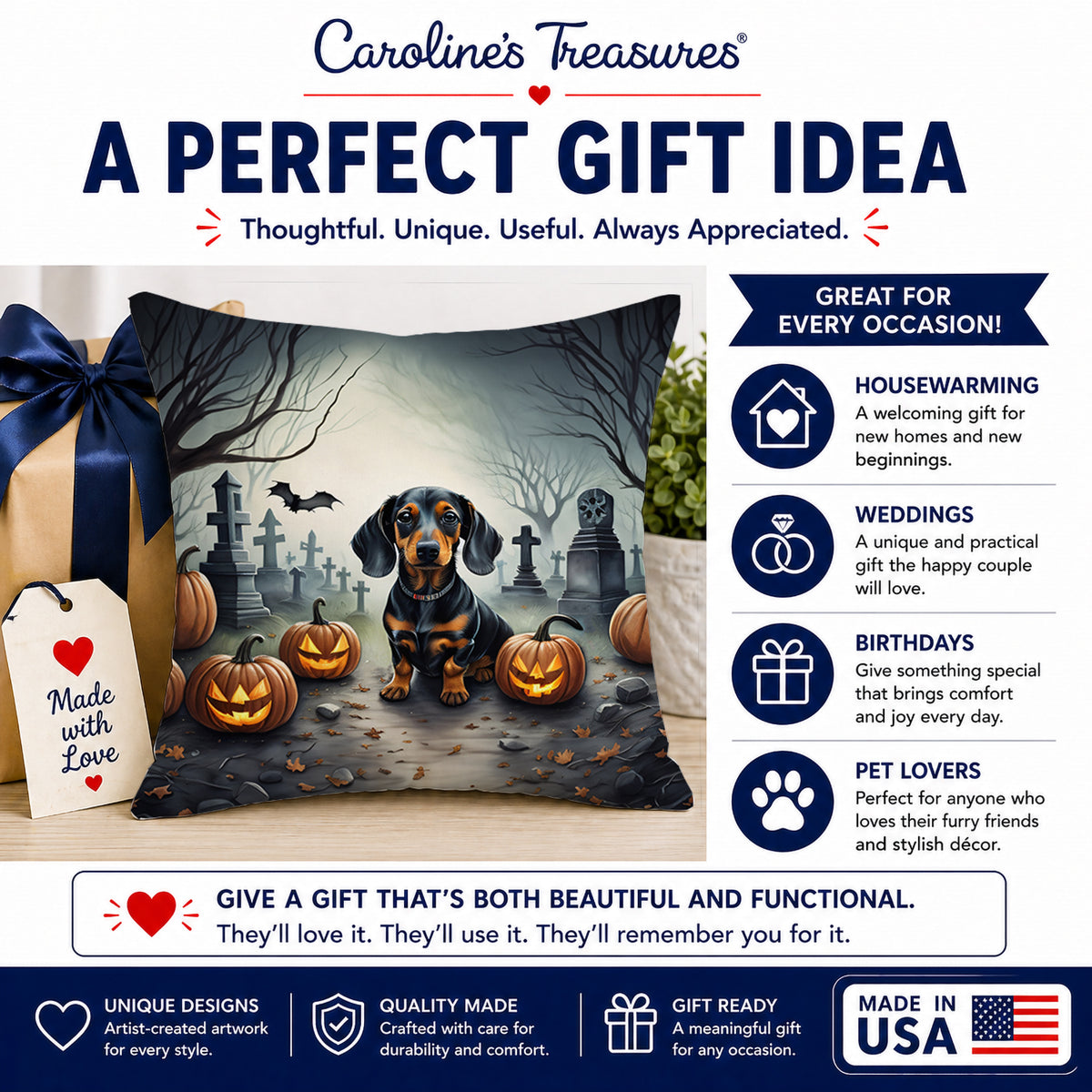 Caroline's Treasures DAC2036PW1414 Dachshund Spooky Halloween Fabric Decorative Pillow Machine Washable, Indoor Outdoor Decorative Pillow for Couch, Bed or Patio, 14Hx14W